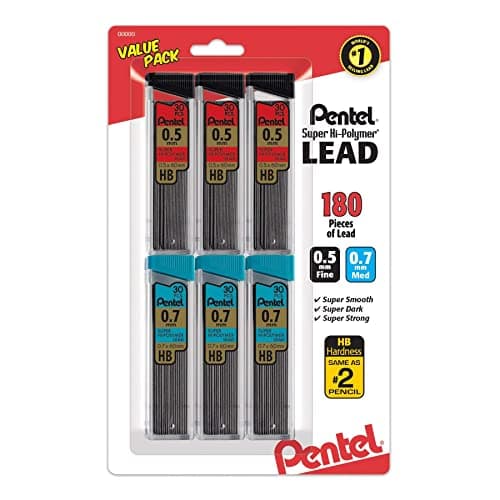 Pentel Super HiPolymer Lead Refills Value Pack 05mm and 07mm FineMedium Line HB Pack of 6 180 Pieces of Lead C257BPHB6