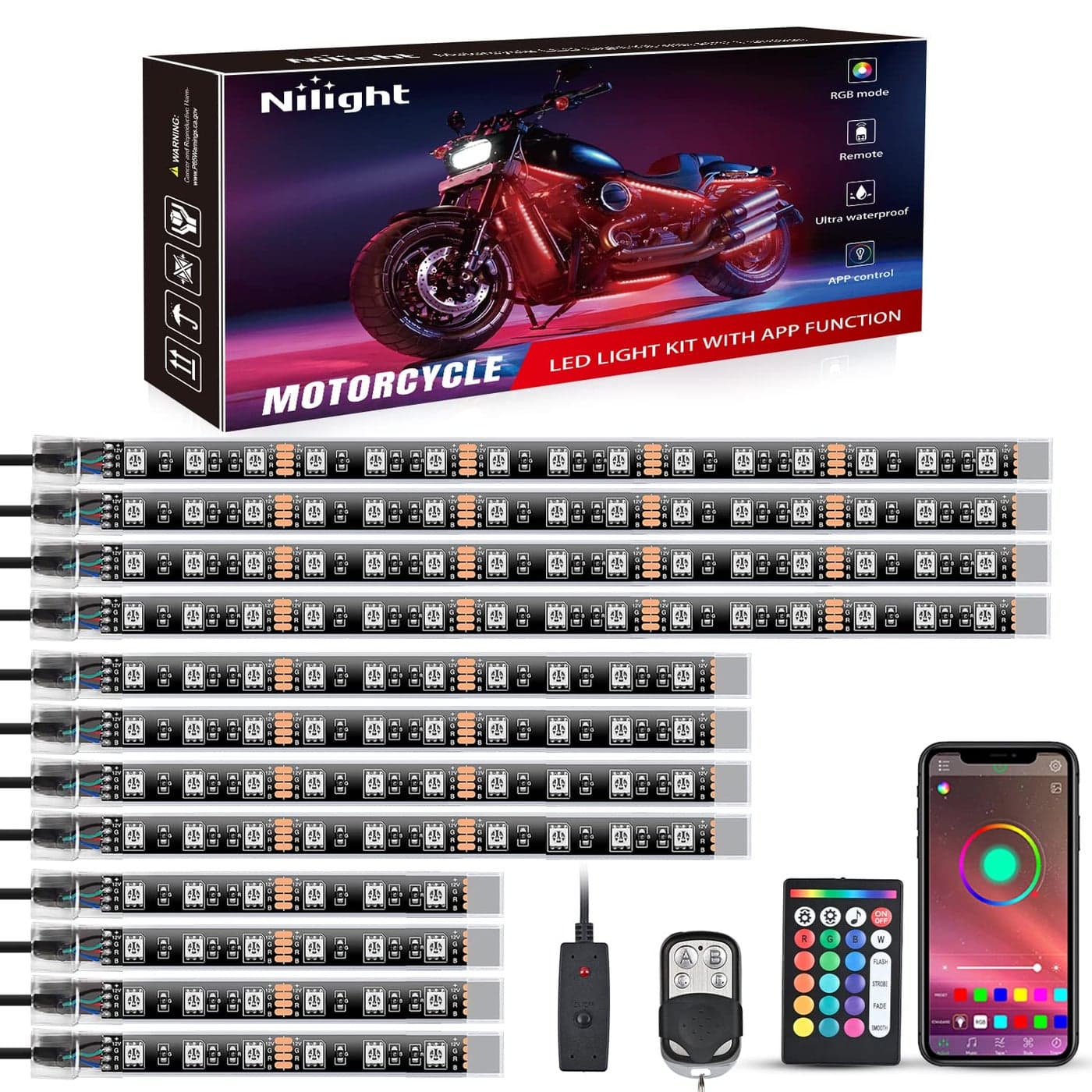 Nilight 12PCS Motorcycle RGB Led Light Kit Waterproof Multi Color Atmosphere Neon Accent APP and Remote Control Underbody Strips for Harley Davidson Honda Kawasaki Suzuki