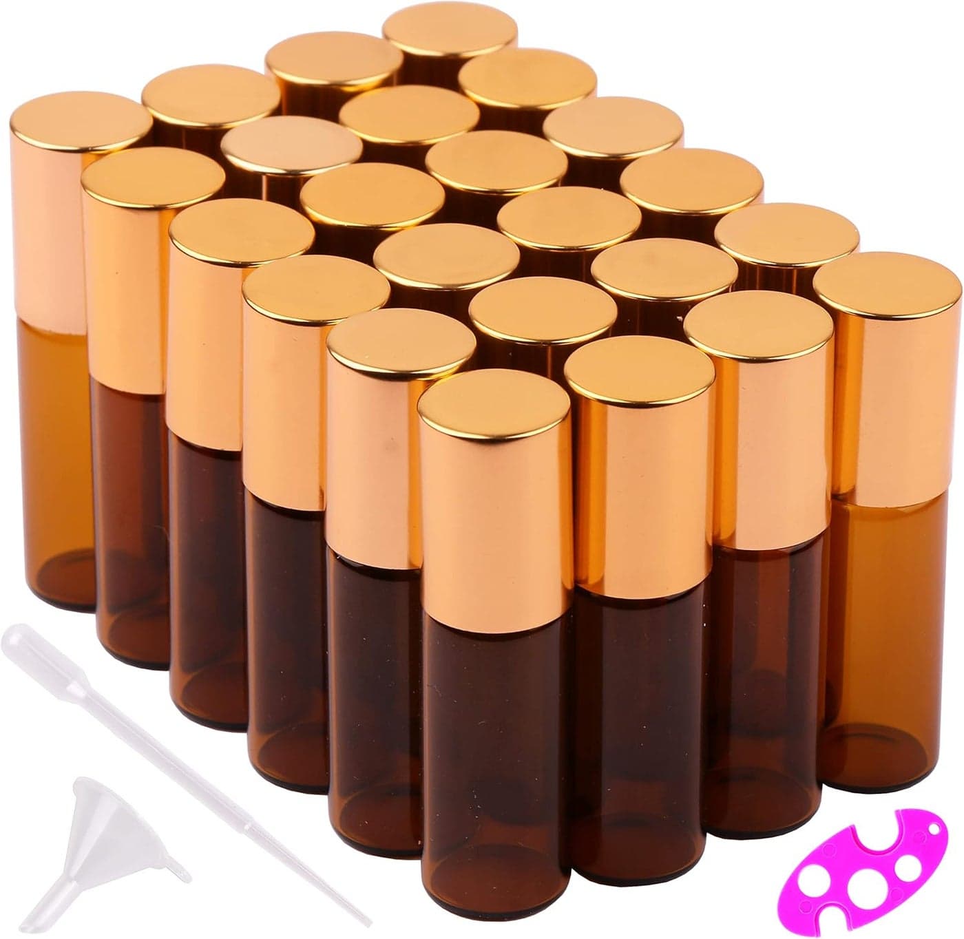 MaxMau 24 Pack 5ml Amber Glass Roller Bottles for Essential Oils,Roll on Bottle with Stainless Steel Roller Balls Golden Painted Caps for Daily Aromatherapy Sample Test Travel