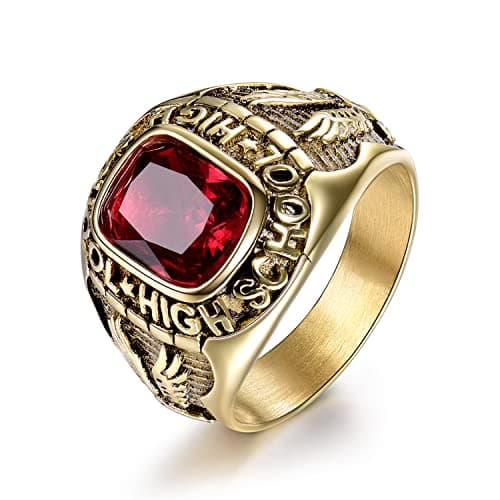 MASOP Mens Stainless Steel Eagle Ring with Red Ruby Color Stones Engraved High School Size 10