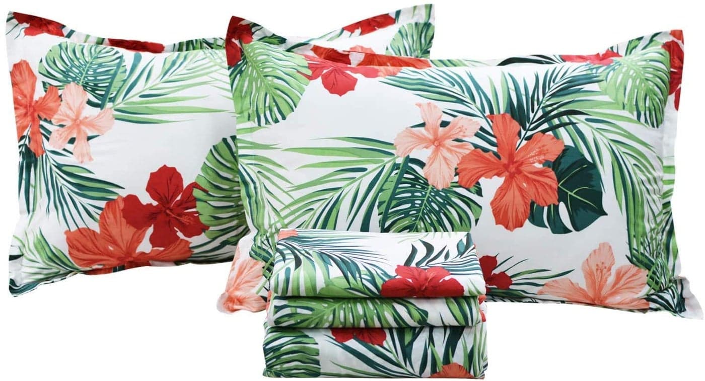 FADFAY Green Floral Sheets Queen Size 100 Cotton Floral Bed Sheet Ultra Soft Tropical Bedding Banana Palm Leaves Top Sheet Hawaiian Deep Pocket Fitted Sheet 4Pieces