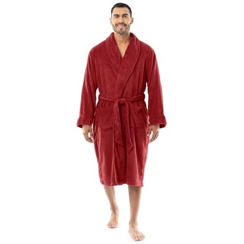 Fruit of the Loom Men's Solid Plush Fleece Robe, Red, One Size