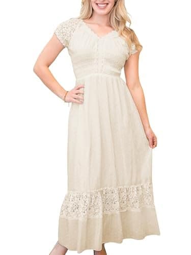 Anna-Kaci Antique Beige Small Size Smocked Waist Summer Maxi Dress Cap Sleeve Boho Gypsy, Beige, Small