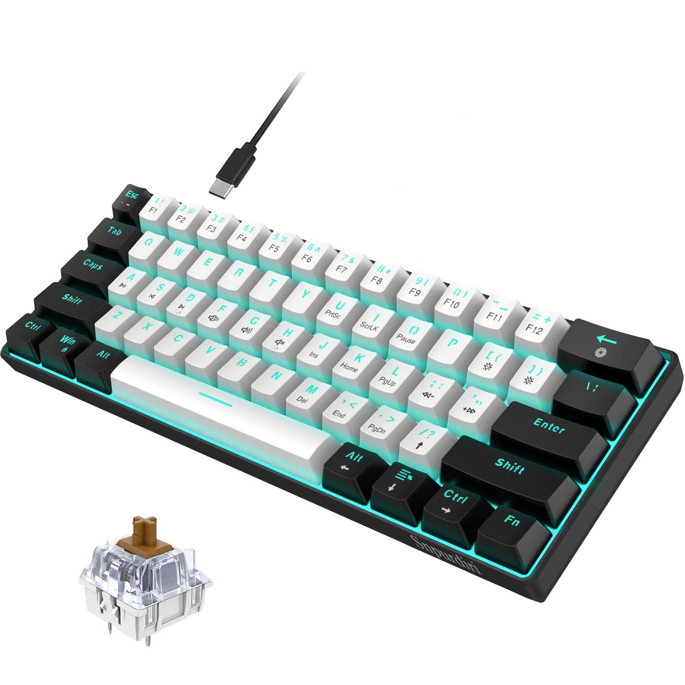Snpurdiri 60 Wired Mechanical Gaming Keyboard Ice Blue LED Backlit 61 Keys Mini Wired Office Keyboard for Windows Laptop PC Mac BlackWhite Brown Switches