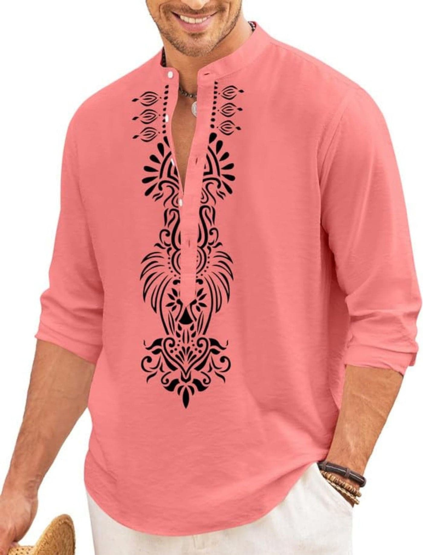 FINIVO FASHION Men’s Cotton Blend Short Kurta with Bold Printed Front Design | Full Sleeve Ethnic Casual Kurta with Mandarin Collar | Artistic Festival & Travel Wear for Modern Ethnic Style Peach