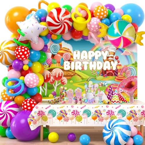 Winrayk 134Pcs Candyland Party Decorations Birthday Supplies Candyland Balloon Arch Backdrop Tablecloth Star Lollipop Foil Balloons Girl Boy Kid Christmas Sweet Candy Themed Birthday Party Decorations