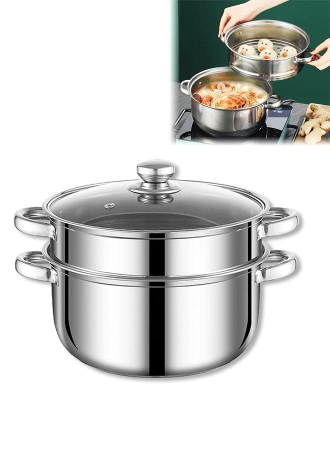2-Tier Stainless Steel Steamer, Multi-Layer Steamer Pot With Handles,Multipurpose Cookware with Glass Lid,Sturdy and Durable,Resistant to Deformation,for Steaming and Stewing,for Various Stoves