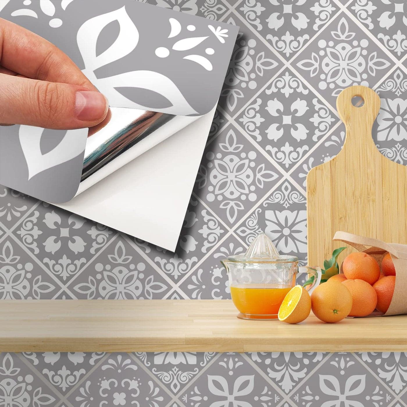WALPLUS Grey Stick on Tiles Kitchen 15x15cm6 Self Adhesive Backsplash Removable Peel and Stick Tile Stickers for Bathroom Moroccan Splashbacks Sticker Decals Upgrade 24 PCS