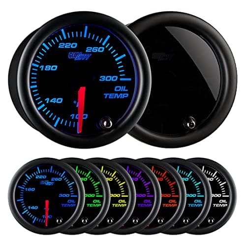 GlowShift Tinted 7 Color 300F Oil Temperature Gauge Kit Includes 1827 NPT Electronic Sensor Wiring MultiColor Display Black Dial Smoked Lens for Car Truck 2116 52mm