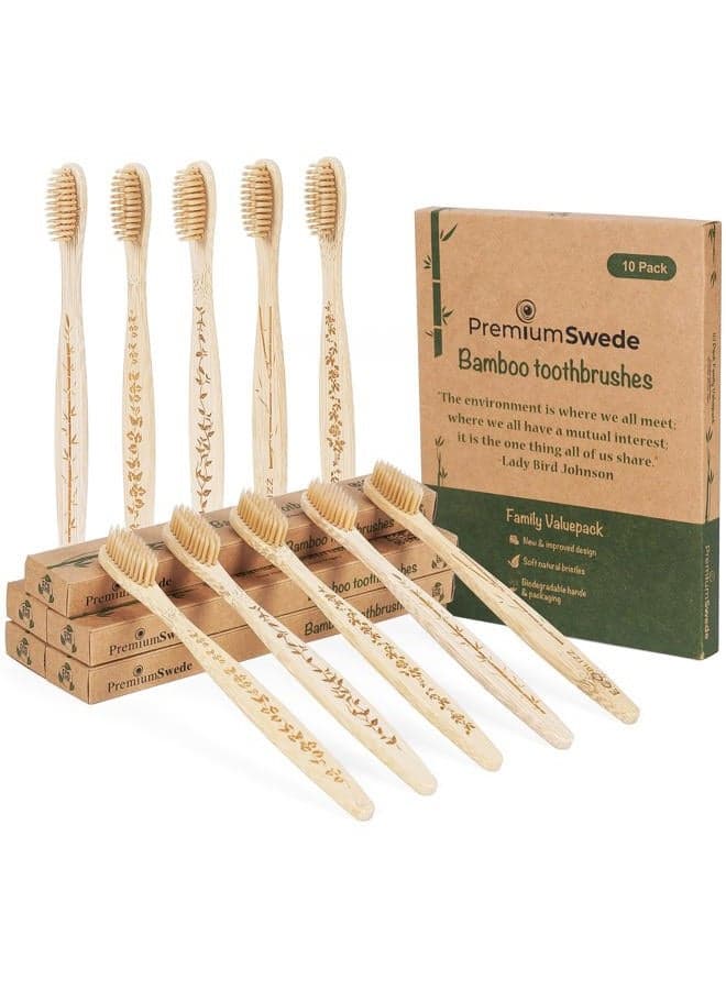 Bamboo Toothbrushes - Biodegradable Eco Friendly Soft Toothbrushes for Adults, Kids - Natural Wooden Toothbrushes with Soft Bristles - 10 Pcs Family Toothbrush Pack