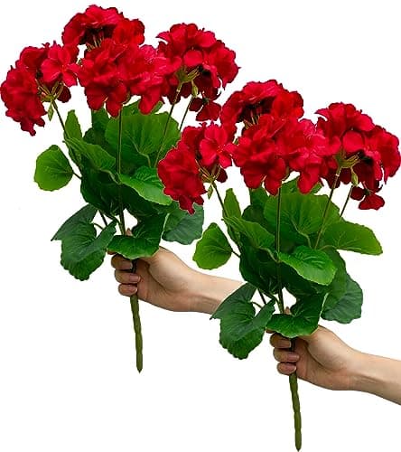 Mumiko 2PCS 18 Artificial Geraniums Silk Flowers Plants Home Outdoor Decor Garden Ruby Red