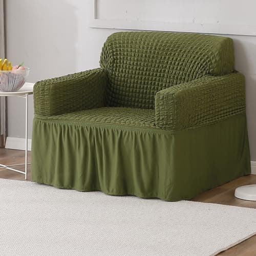 HOKIPO Stretchable 280 GSM Elastic Bubble Couch Cover with Frill 1 Seater (AR-4602-B6), Green