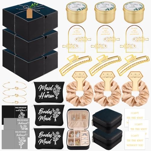 CITYCHALET 37Pcs Bridesmaid Gifts Set of 3 Black,Maid of Honor Proposal Gift Boxes Set,Cosmetic Bag Scented Candle Jewelry Box Metal Hair Clip Knot Bracelet Bachelorette Party Bridal Shower