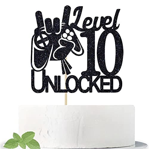 Festiko®Video Game Level 10 Unlocked Birthday Cake Topper - Black Glitter Boy's 10th Birthday Cake Decorations - Level Up Winner Party Decoration Supplies