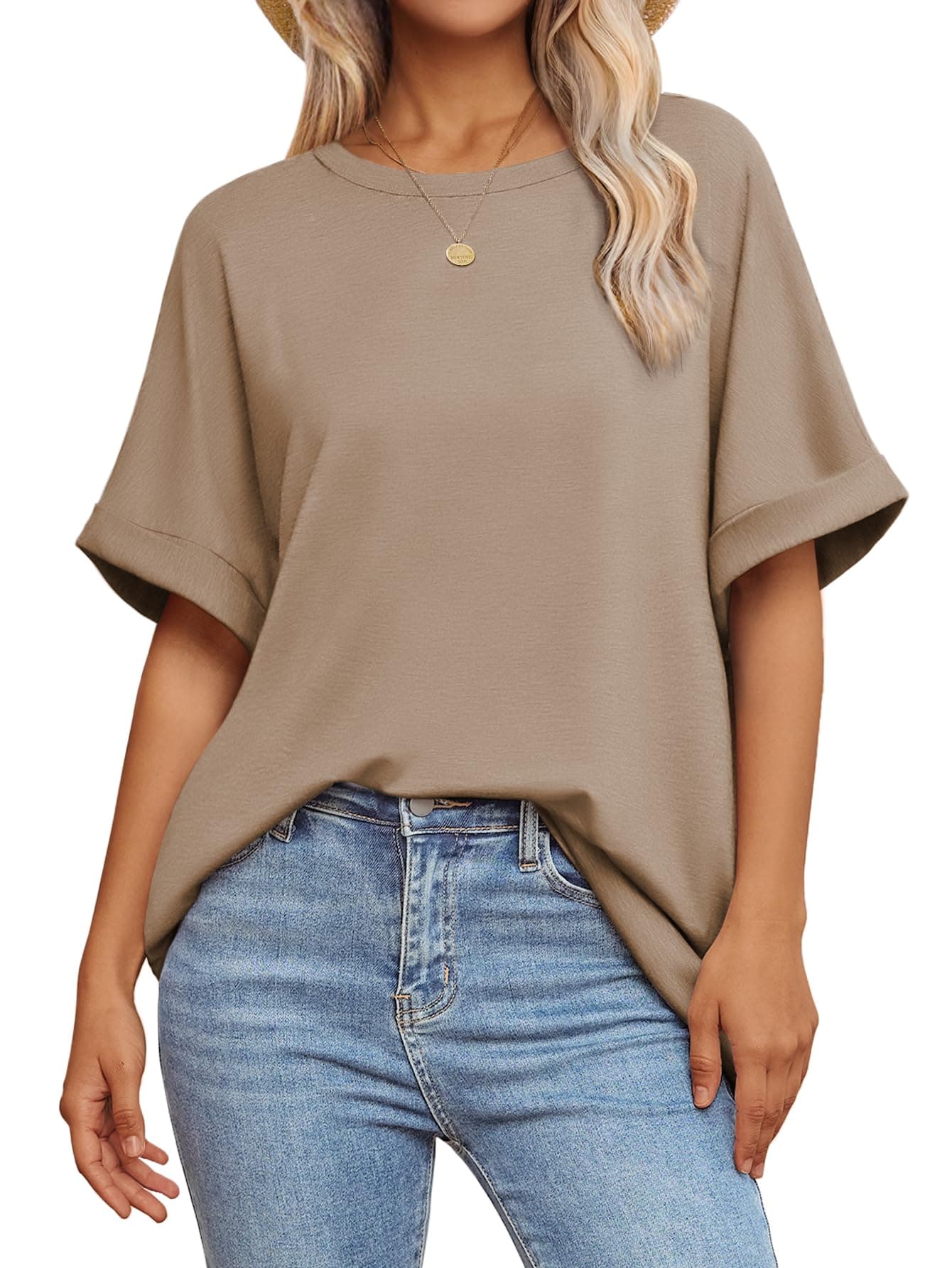 ATHMILE Womens Shirts Loose Fit Crewneck Short Sleeve Summer Casual Blouse 2025 Y2K Tee Tops Khaki