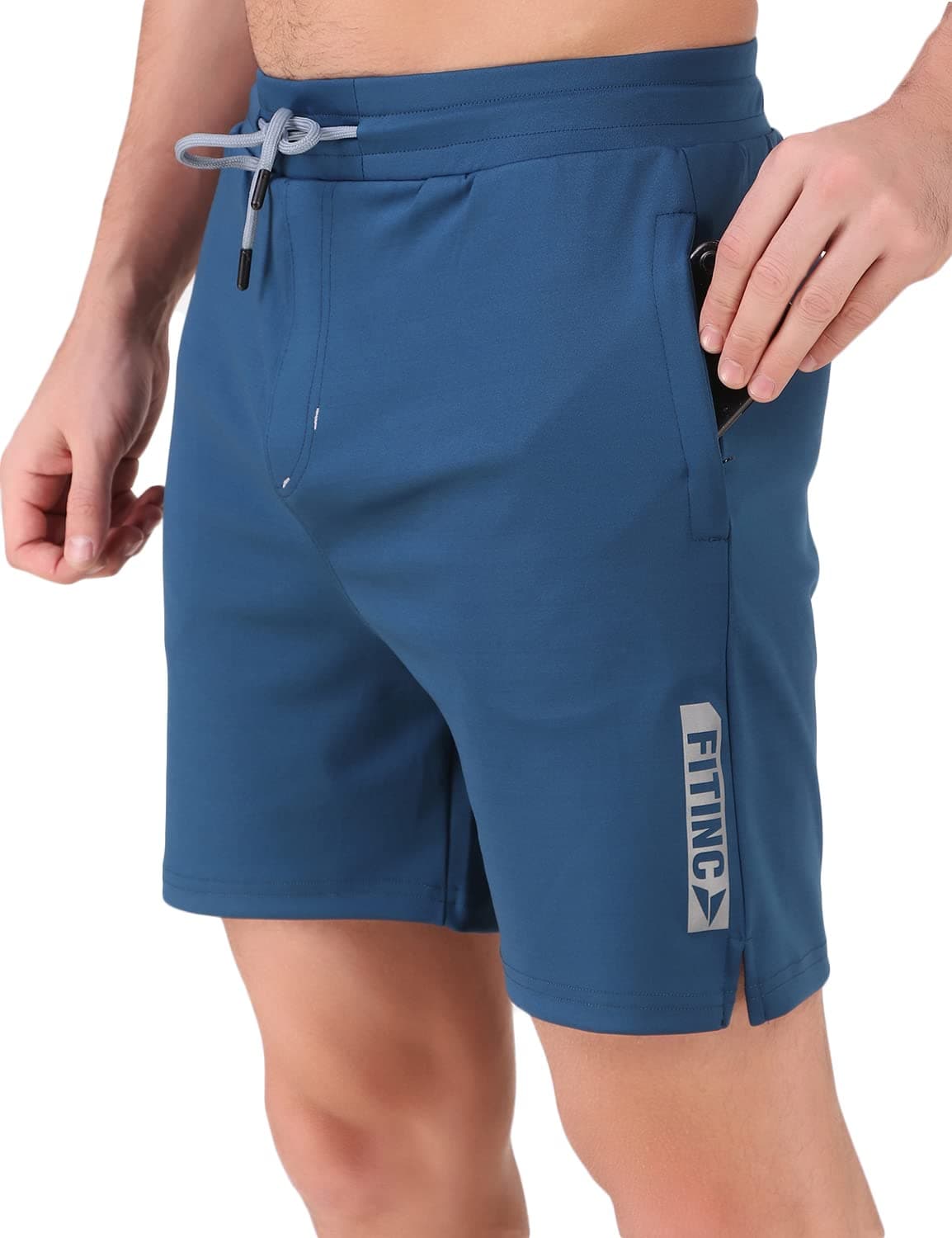 FITINC Lycra Stretchable Shorts for Men | Track Shorts for Men with Zippered Pockets | Gym Half Pant for Man for Active Sports – Small, Airforce