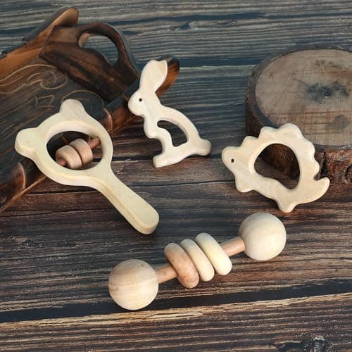 Babbles Neem Wood Teethers for Babies | Wooden Teethers for 6 to 12 Months Baby | Natural and Antibacteria (Rabbit+Turtle+Dumbbell+Micky)