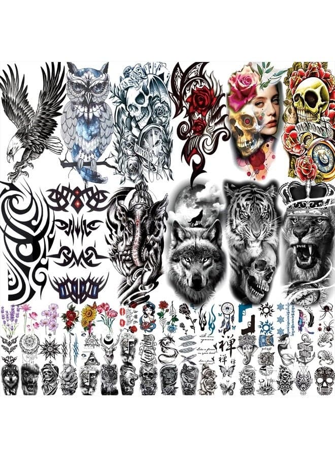 80 Sheets Temporary Tattoos Stickers, Fake Body Arm Chest Shoulder Tattoos for Men and Women, Halloween Temporary Tattoos Black Fake Skull Skeleton Tattoos for Halloween Cosplay