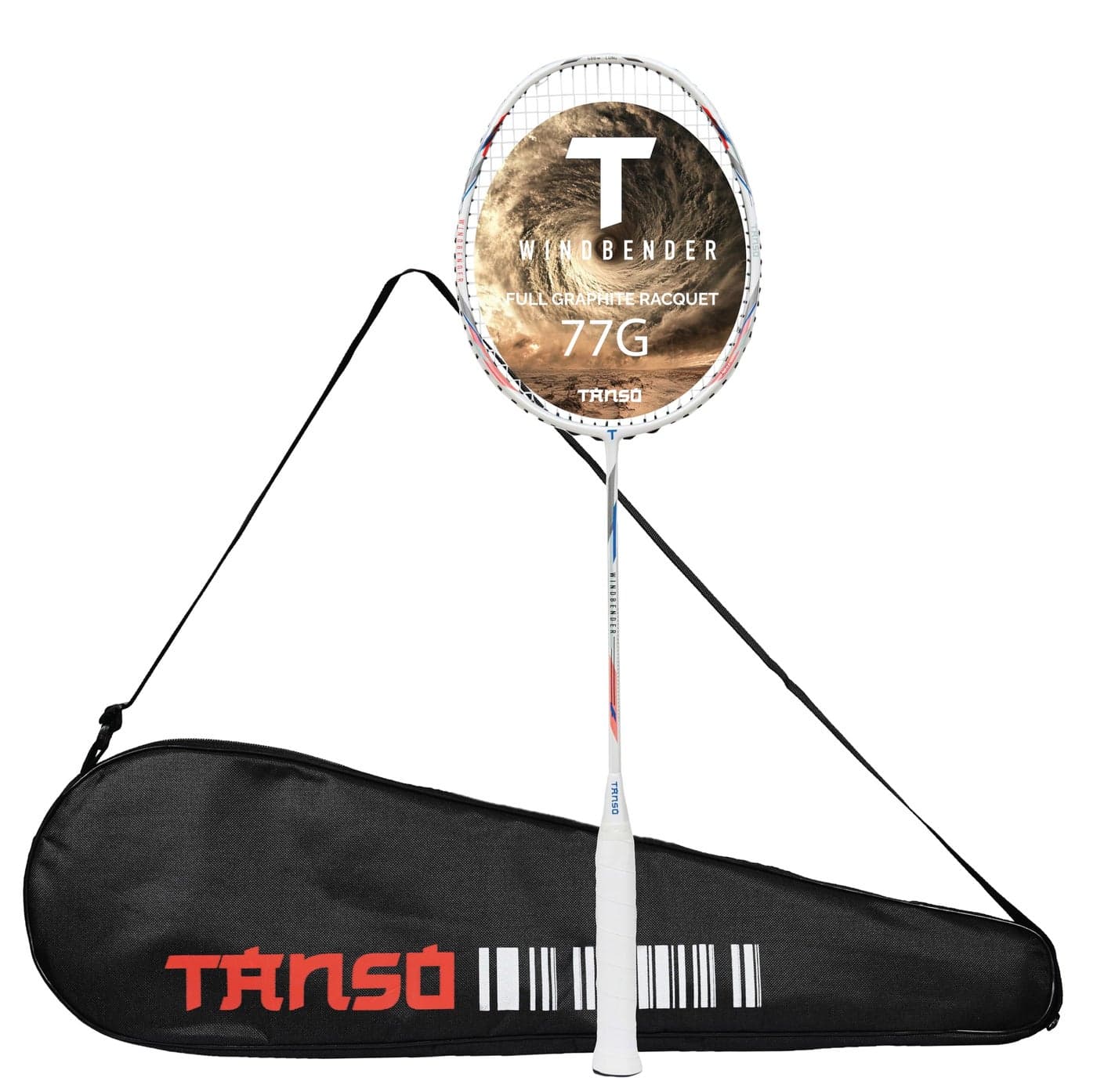 TANSO Windbender Full Graphite Ultra Light Weight Carbon Fibre Strung Badminton Racket (32 Lbs Tension, 680 mm Long, 77 Grams, Strung with Premium Strings and Full Racquet Cover)