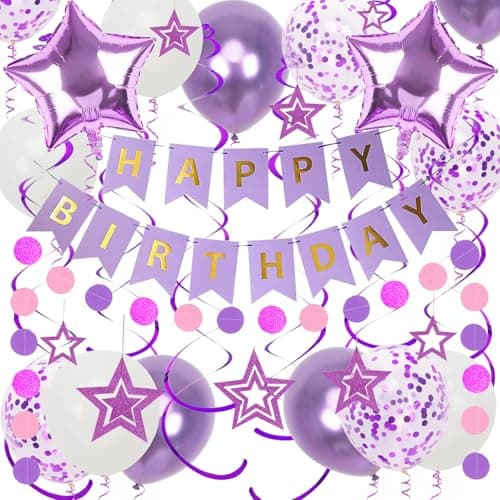 Purple Birthday Decorations Happy Birthday Banner and Purple Star Balloons Glitter Hanging Stars with Hanging Swirls Circle Dot Paper Garland for Women Girls Party Decoration