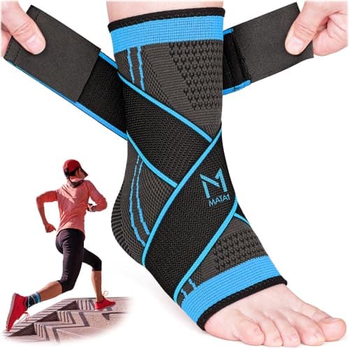 Mata1 - Ankle Brace for Men and Women - Black/Blue - Foot Wrap for Plantar Fasciitis, Sprain, Achilles, and Tendonitis Support - Adjustable Compression Sleeve with Elastic Straps