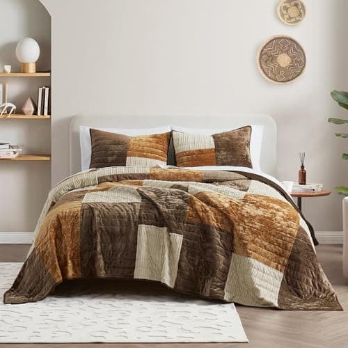 Wonderful 3-Piece Velvet Patchwork Quilt Set, King Striped Channel Stitch Brown Quilt,Pet-Friendly,Soft Lightweight Comforter Versatile as Quilt/Bedspread for Adults Teens Kids Bedroom,106"x94"