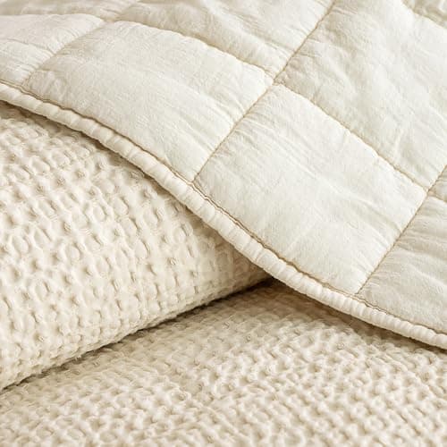 PHF Enzyme-Washed Waffle Quilt Set King (106"x90") - 100% Cotton Cover, 3PCS Soft Lightweight Square Quilted Bedspread with Polyester Fill, Cozy Coverlet for Home Decor, Natural Undyed