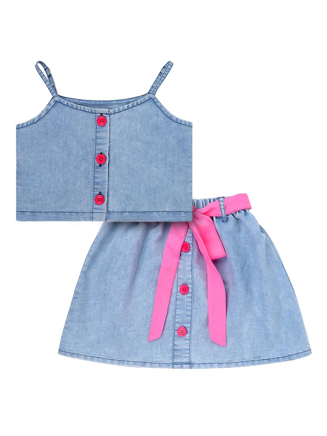 superminis Girls Denim Top And Skirt Co-ord Set Dress With Pink Color Belt (7-8 Years, Blue)