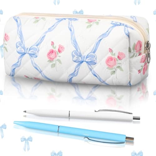 Sherr Coquette Bow Pencil Case Blue Floral Bow Cute Pencil Pouch Soft Cotton Storage Bag Aesthetic Pattern Gift Makeup Pouch Cosmetic Bag for Women Adults