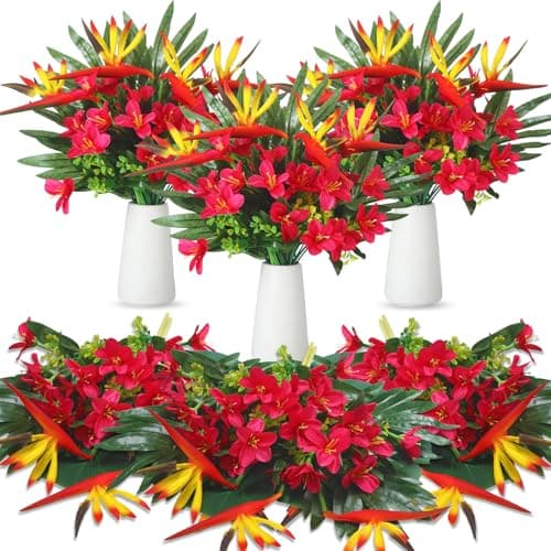 Hotop Artificial Tropical Flower Bouquets Bulk for Hawaii Centerpieces Bird of Paradise Lily Bouquet Permanent Flower Tropical Plant Party Office Home Decor(Rose Red,4 Set/ 16 Pcs)