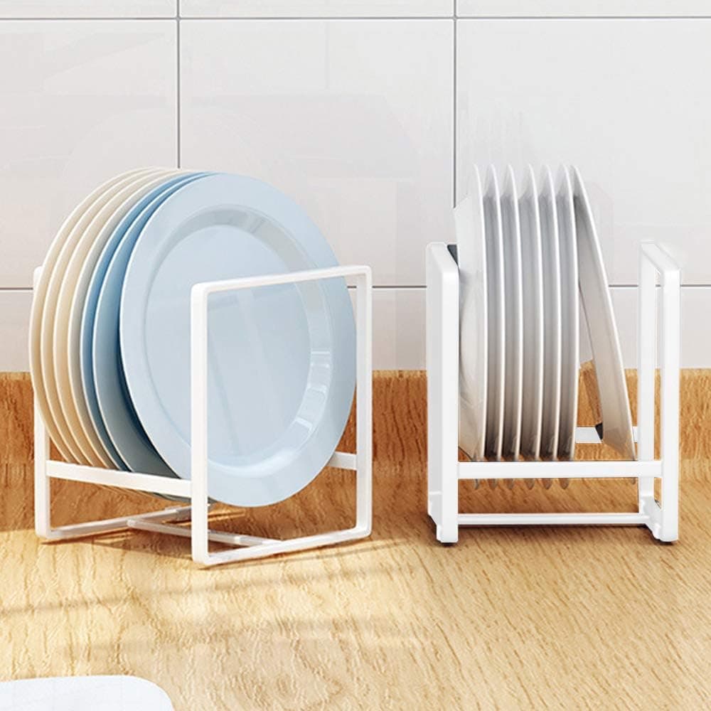 2PCS Plate Holders Organizer Metal Dish Storage Dying Display Rack for Cabinet Counter and Cupboard White Small