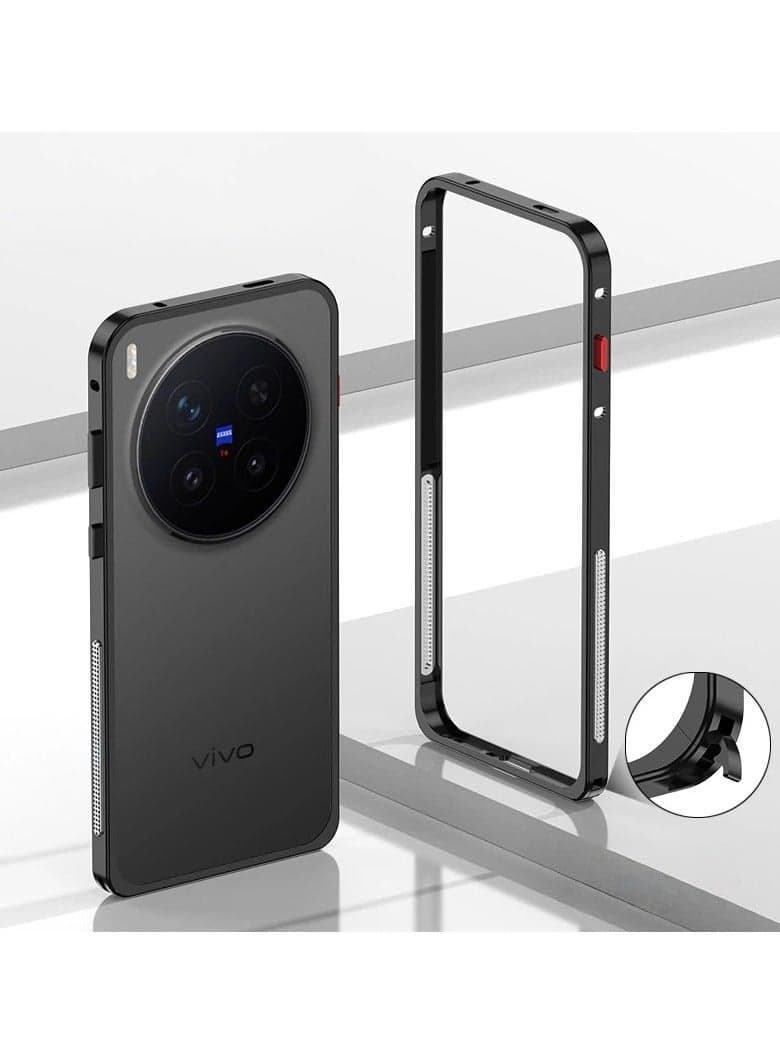 Case compatible with Vivo X300Pro, featuring an aluminum alloy metal frame with snap-fit design. Slim, shockproof, and drop-resistant bumper with heat dissipation cover.