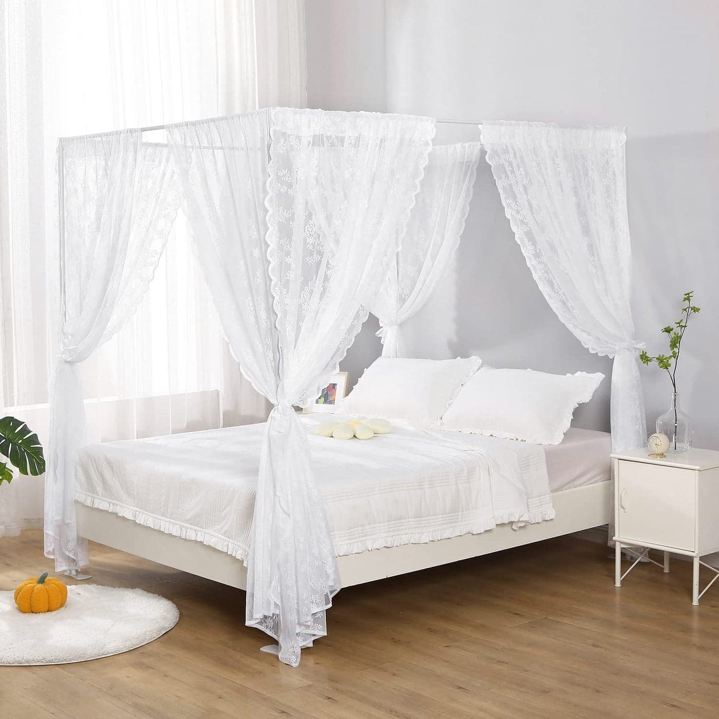 WANFASO Lace Canopy Bed Curtain Queen Soft Bed Canopy Scarf for Girls Adults Queen White