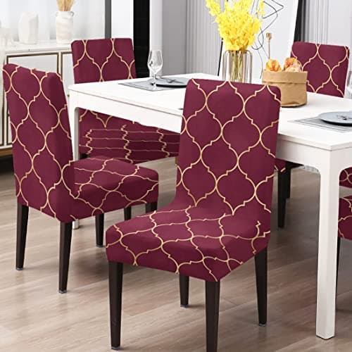 BRIDA® Stretchable Floral Geometric Printed Dining Chair Covers Set of 4 Seater Elastic Chair Seat Case Protector, Slipcovers (4 Chair Cover, Maroon Diamond),Polyester;Polyester Blend