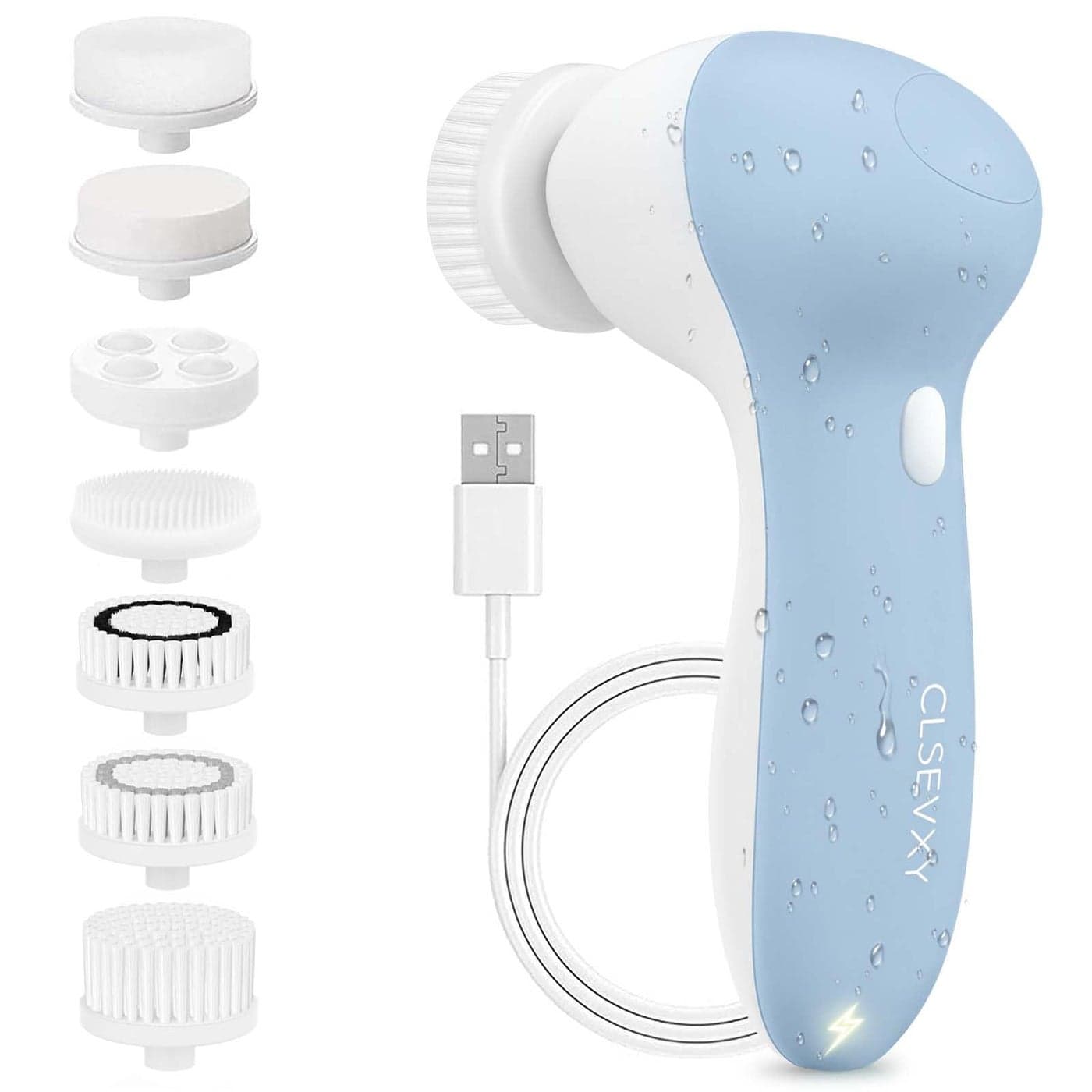 Rechargeable Facial Cleansing Spin Brush Set with 7 Exfoliating Brush Heads Complete Face Spa System by CLSEVXY Advanced Microdermabrasion for Gentle Exfoliation and Deep Scrubbing