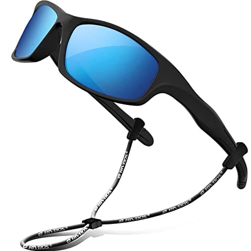 RIVBOS Kids (Age 3-8) Sunglasses with Strap Polarized UV Protection Flexible Rubber Shades for Boys Girls RBK003-2 Black Ice Blue Lens