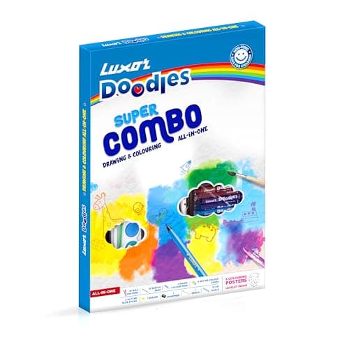 Luxor Doodles Super Combo Art Set - Ignite Imagination with Diverse Crayons, Sketch Pens, Water Colors, Glitter, Glue, Eraser & Sharpener, Ultimate Creative Kit for Kids' Artistic Adventures
