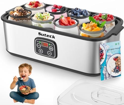 Suteck Yogurt Maker - Stainless Steel Yogurt Makers with Adjustable Time & Temp Control,Automatic Shut-Off & Constant Temper for Homemade Greek, Probiotic Yogurt, BPA-Free 8 Glass Jars (48 oz), Black