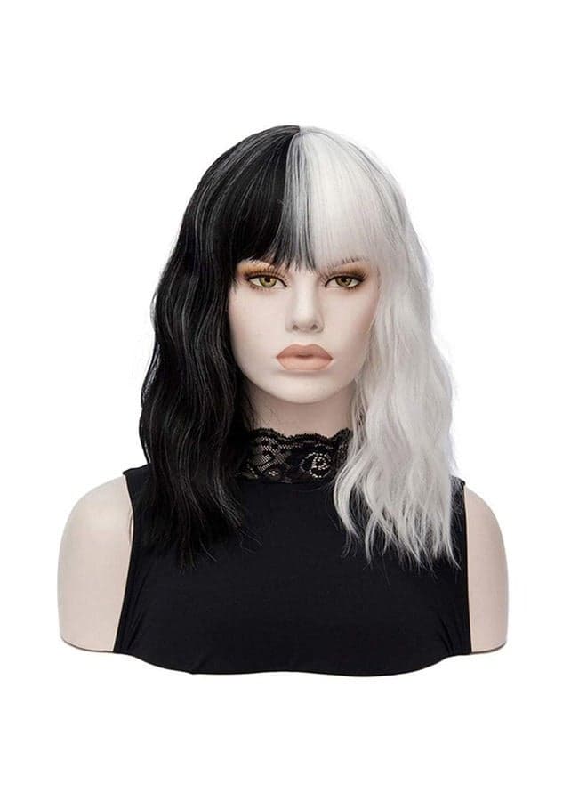 Short Curly Shoulder Length Full Bang Women Bob Wig for Cruella Costume Women for Halloween Party Costume (Black and White Without accessories)