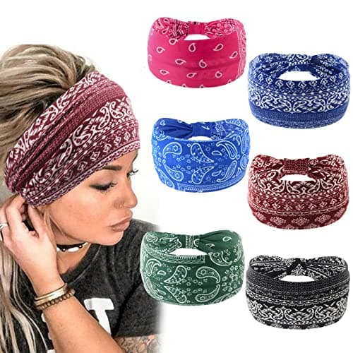 Yeshan Wide Bandana headbands for Women Boho Bandeau Headbands Knot Hair Scarf Bands Stretch Floral Printed Non Slip Headbands Elastic Turban Head Wraps Thick African Headbands,Pack of 6