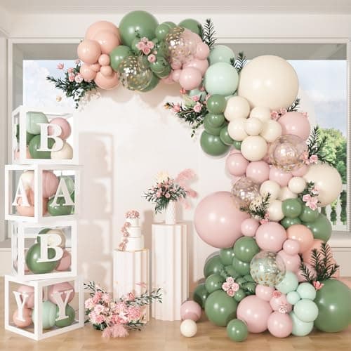 153Pcs Pink and Sage Green Balloon Arch Kit Baby in Bloom Baby Shower Decorations for Girl Boxes with Letters AZBaby for Boho Floral Baby Shower Birthday Gender Reveal Party Supplies