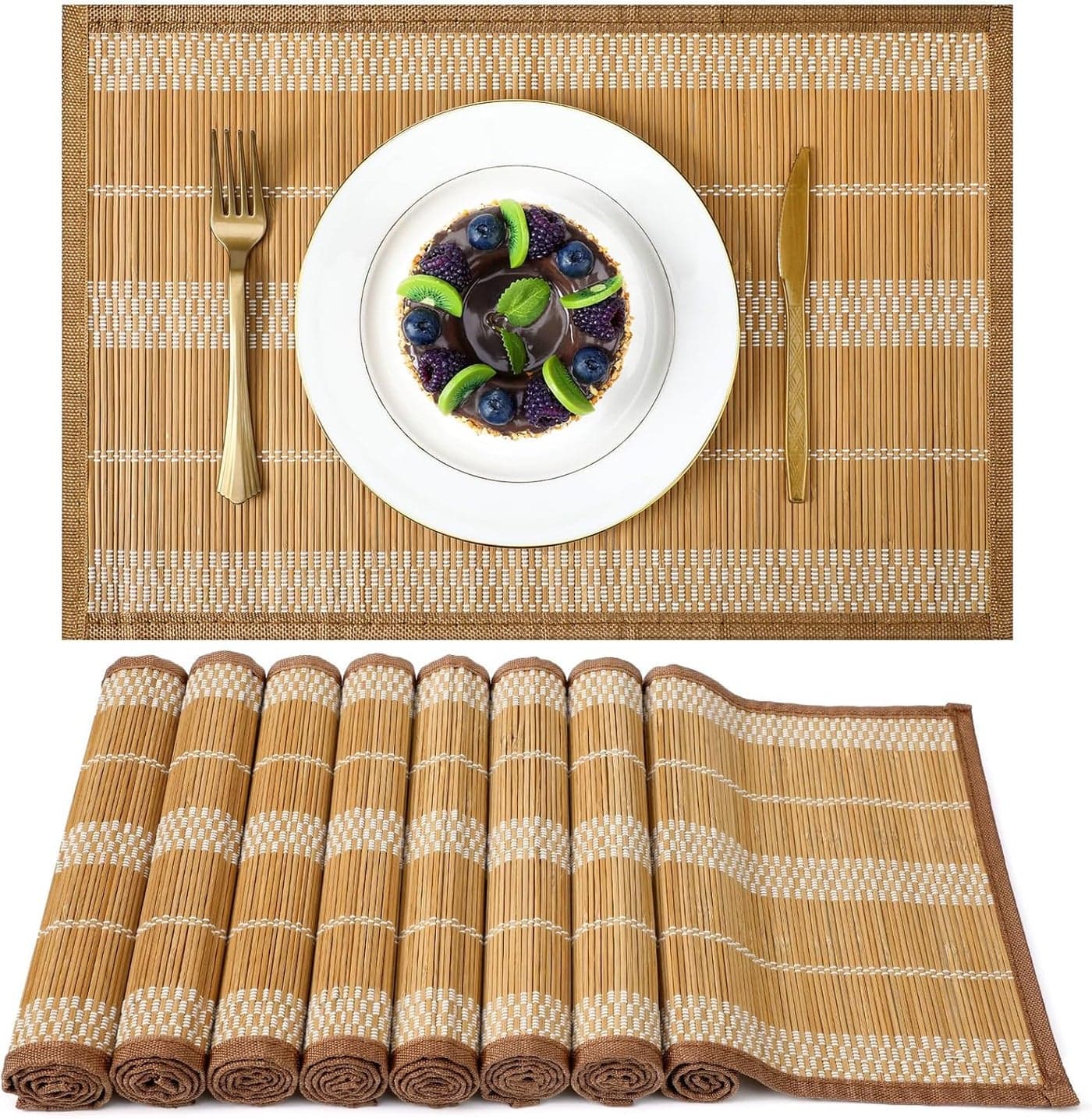 Pickmesh Bamboo Table Mats Set of 8 18 x 12 Bamboo Table Mats Set Natural AntiSlip Placemats for Dining Table Room and Kitchen