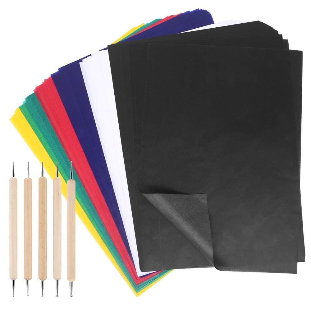 100 Sheet Multicolor Transfer PaperCarbon WaterSoluble Tracing Paper with 5 Pieces Embossing Styluses ToolsTransfer Pattern on ClothFabricCanvaAccessories for Sewing