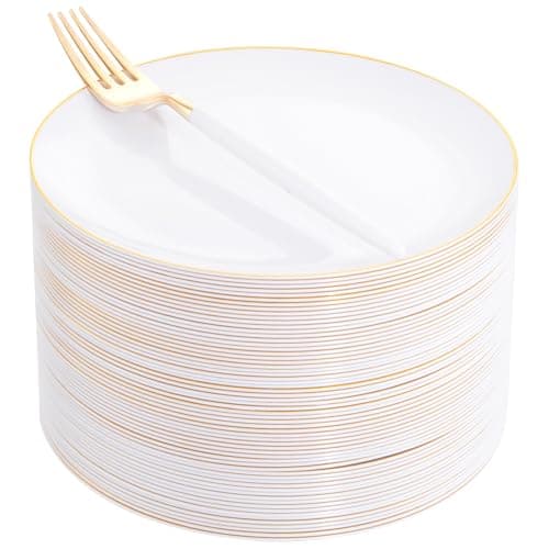 I00000 72PCS White Plastic Dessert Plates 7.5" with 72PCS Disposable Forks 8.5", Disposable White Dessert Plate, Fancy Salad Plates with Gold Rims Perfect for Wedding