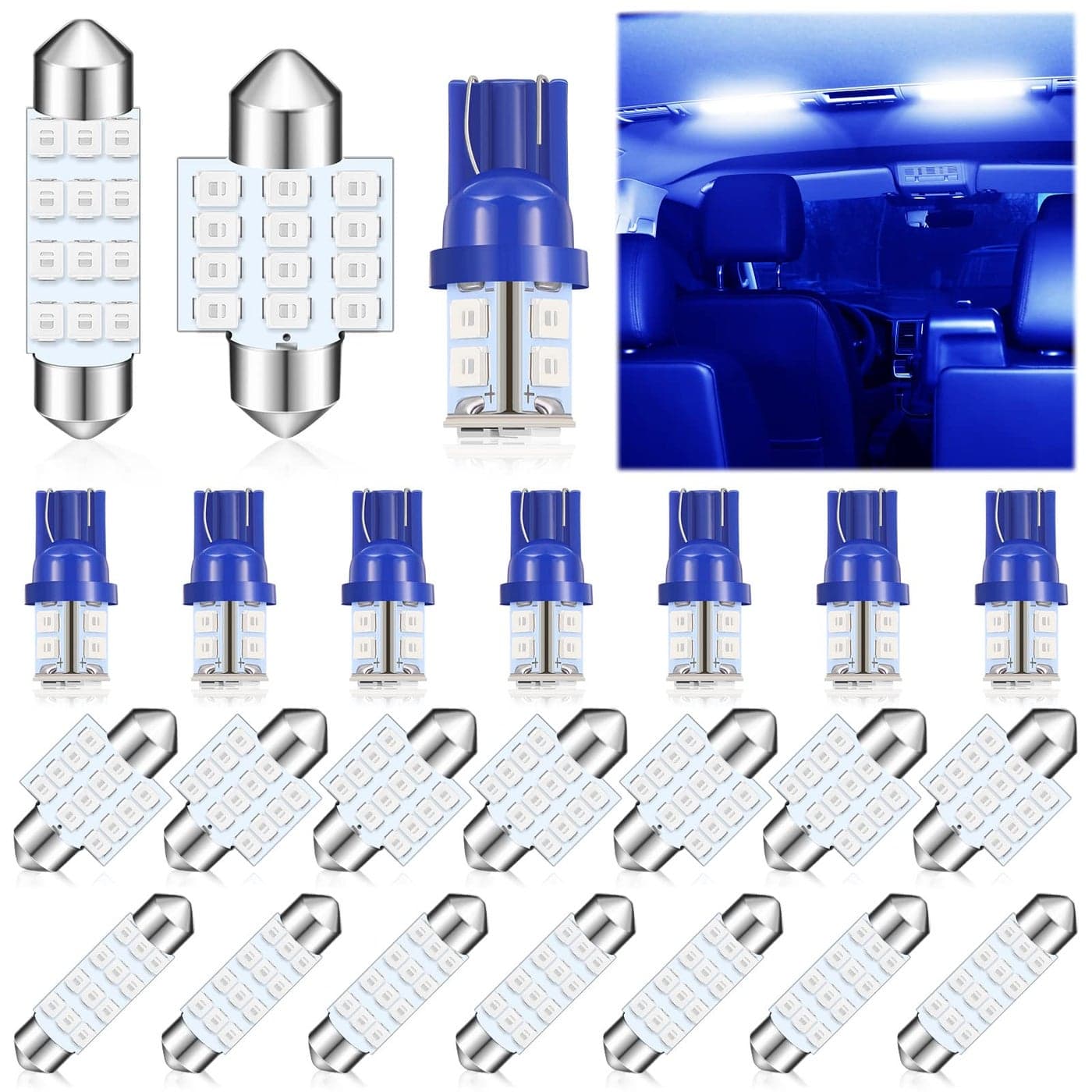 Tallew 24 Pieces Dome Light LED Car Bulb Kit Set T10 31 mm 42 mm LED Festoon Bulbs Interior Replacement for Car Map Door CourtesyBlue