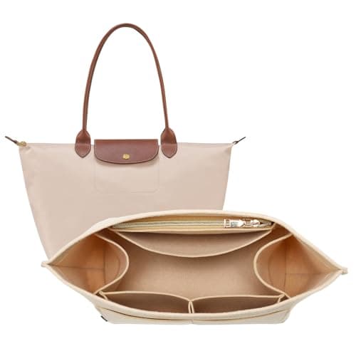 OPPOSHE Purse Organizer Insert for Longchamp Le Pliage Premium Felt Long Champ Bag Handbag Women Tote Organizer Insert with 9 Compartments Large Beige