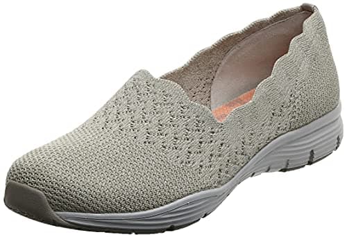 Skechers Modern Comfort Women's Women's Seager-Stat-Scalloped Collar, Engineered Skech-Knit Slip-on-Classic Fit Loafer, Natural, 5 M US
