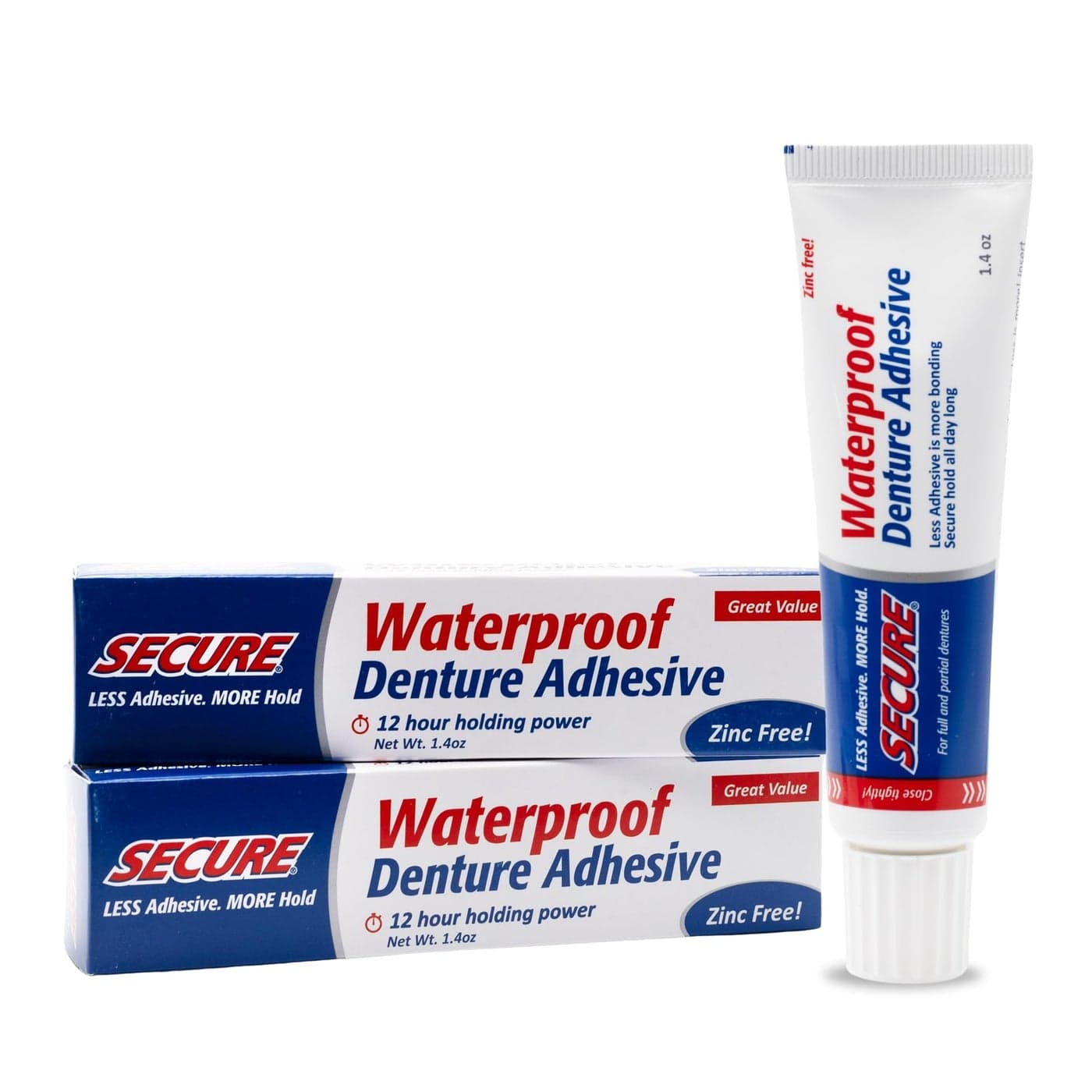 Secure Waterproof Denture Adhesive Zinc Free Extra Strong 12 Hour Hold 14 oz Pack of 2