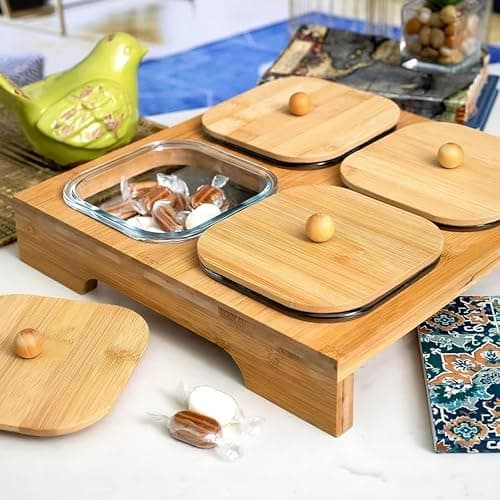 Inovique Enterprises Royal Serveware Glass Bowl Set With Airtight Lid & Wooden Holder Stand Tray | 400Ml | Set Of 4 Bowls | Snack Serving Bowls For Home, Kitchen, Dining Table