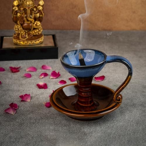 Bodhi House Ceramic Dhuna Loban Burner, Round Dhooni Dhoop Dani Incense Burner, Table-Top Incense Holder for Loban, Elegant and Traditional Dhoop Dani for Purifying Home